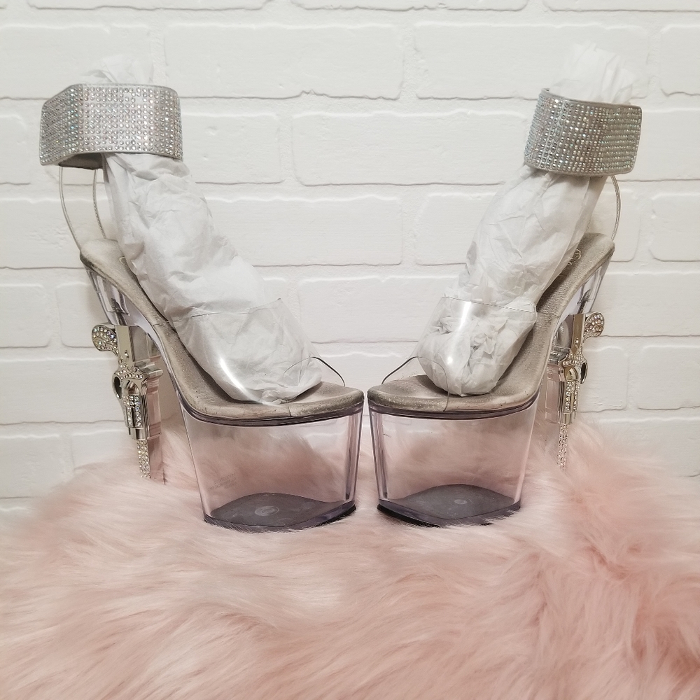 Pleasers Revolver 712 in Rhinestone Silver size 8